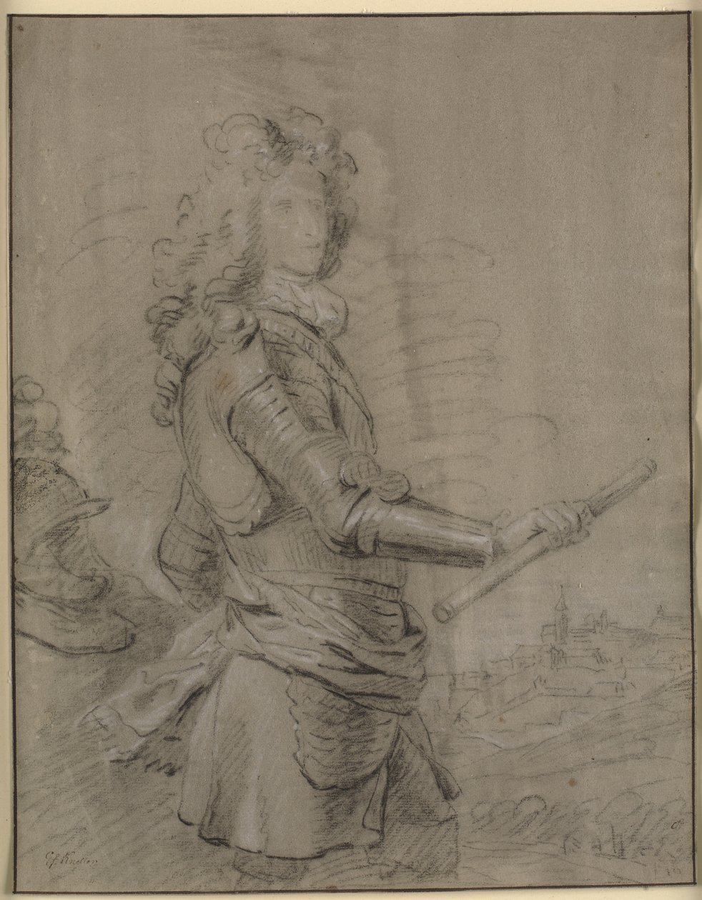 Portret w trzech czwartych dowódcy w zbroi iz laską w prawej ręce. W tle pejzaż z miastem autorstwa Godfrey Kneller