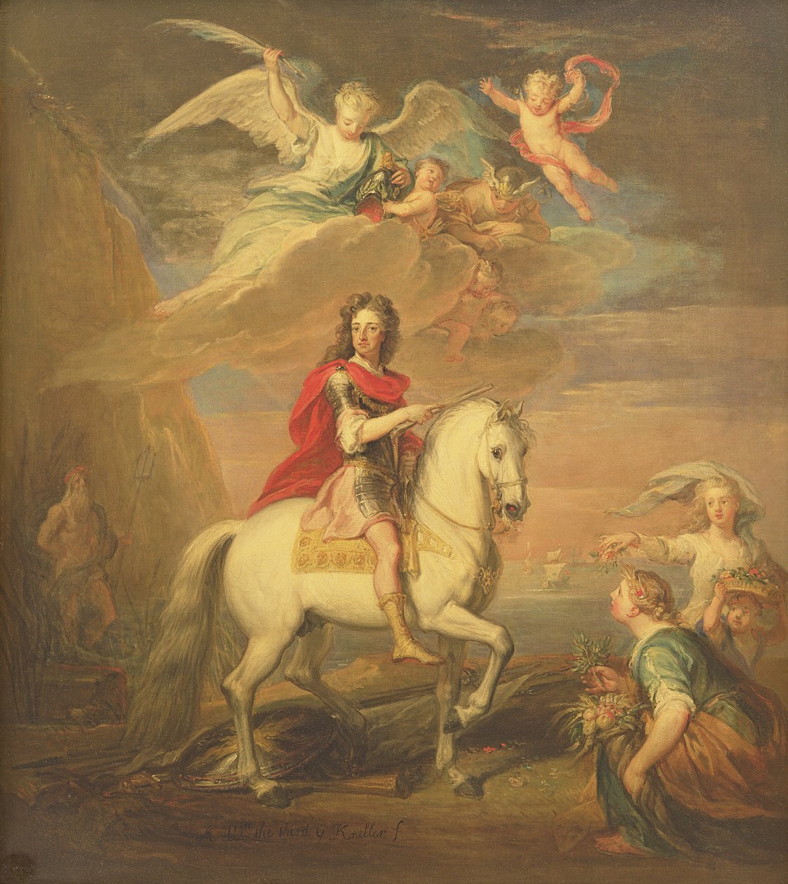 Wilhelm III na szarej ładowarce obserwowany przez Neptuna, Ceres i Florę. Merkury na niebie i Astrea autorstwa Godfrey Kneller