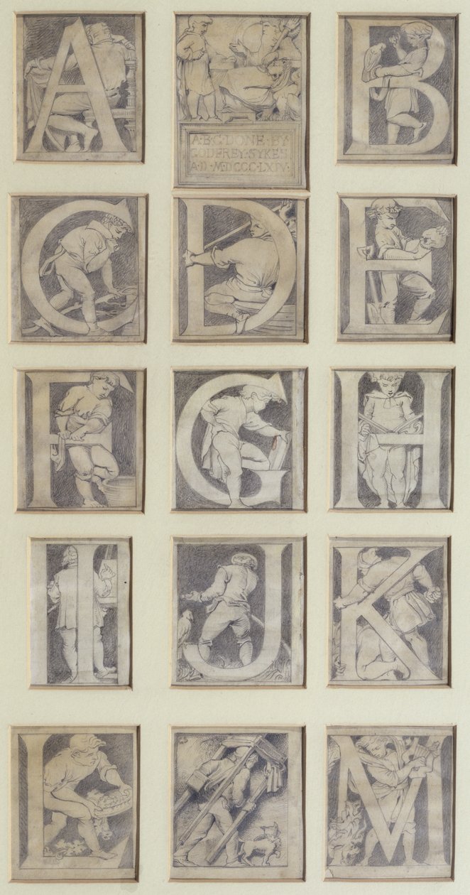 A-M, projekt na trzynaście liter alfabetu dla South Kensington Museum, 1864 (ołówek i szare pranie) autorstwa Godfrey Sykes
