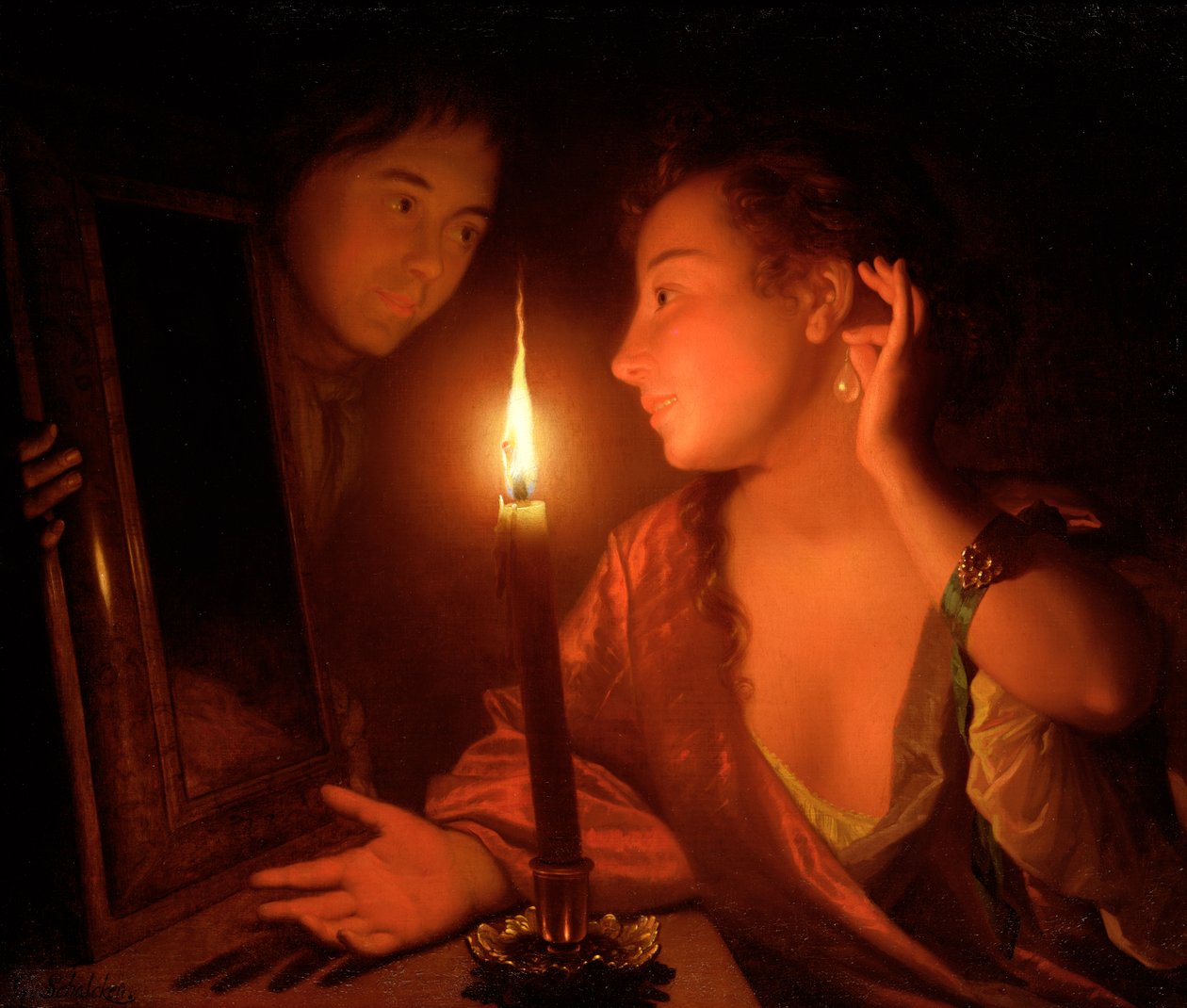 Pani podziwiająca kolczyk przy świecach autorstwa Godfried Schalcken