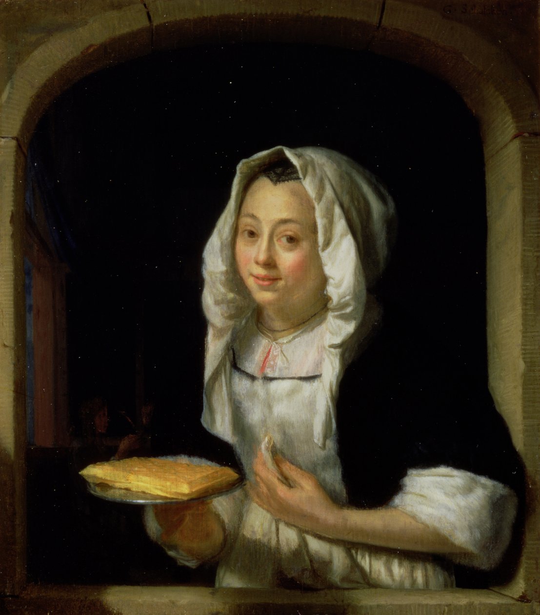 Portret pokojówki trzymającej gofra (panel) autorstwa Godfried Schalcken