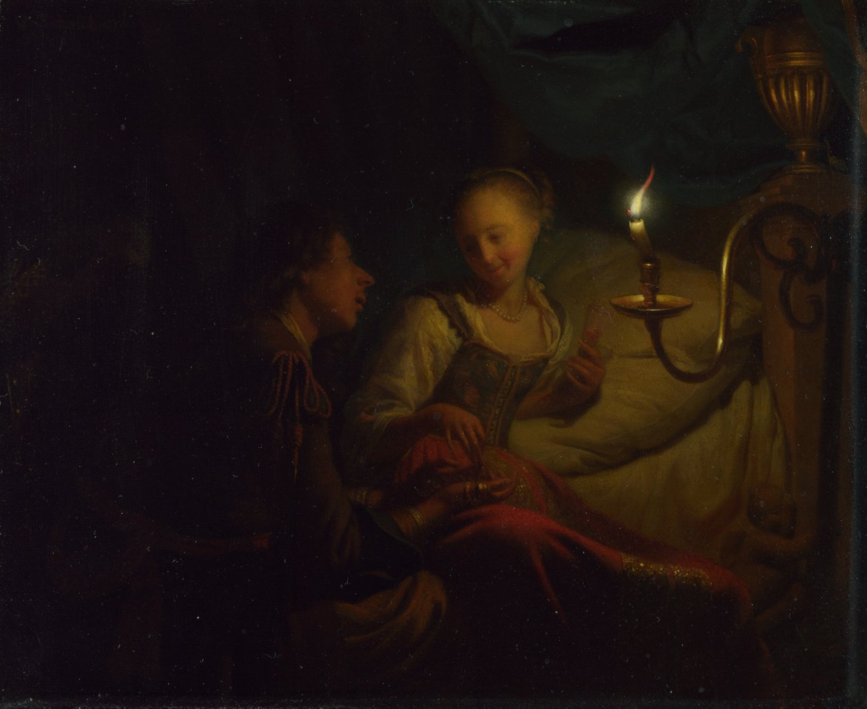 Scena przy świecach. Mężczyzna ofiarowujący dziewczynie siedzącej na łóżku złoty łańcuch i monety, ok. godz. 1665-1667 autorstwa Godfried Cornelisz Schalcken
