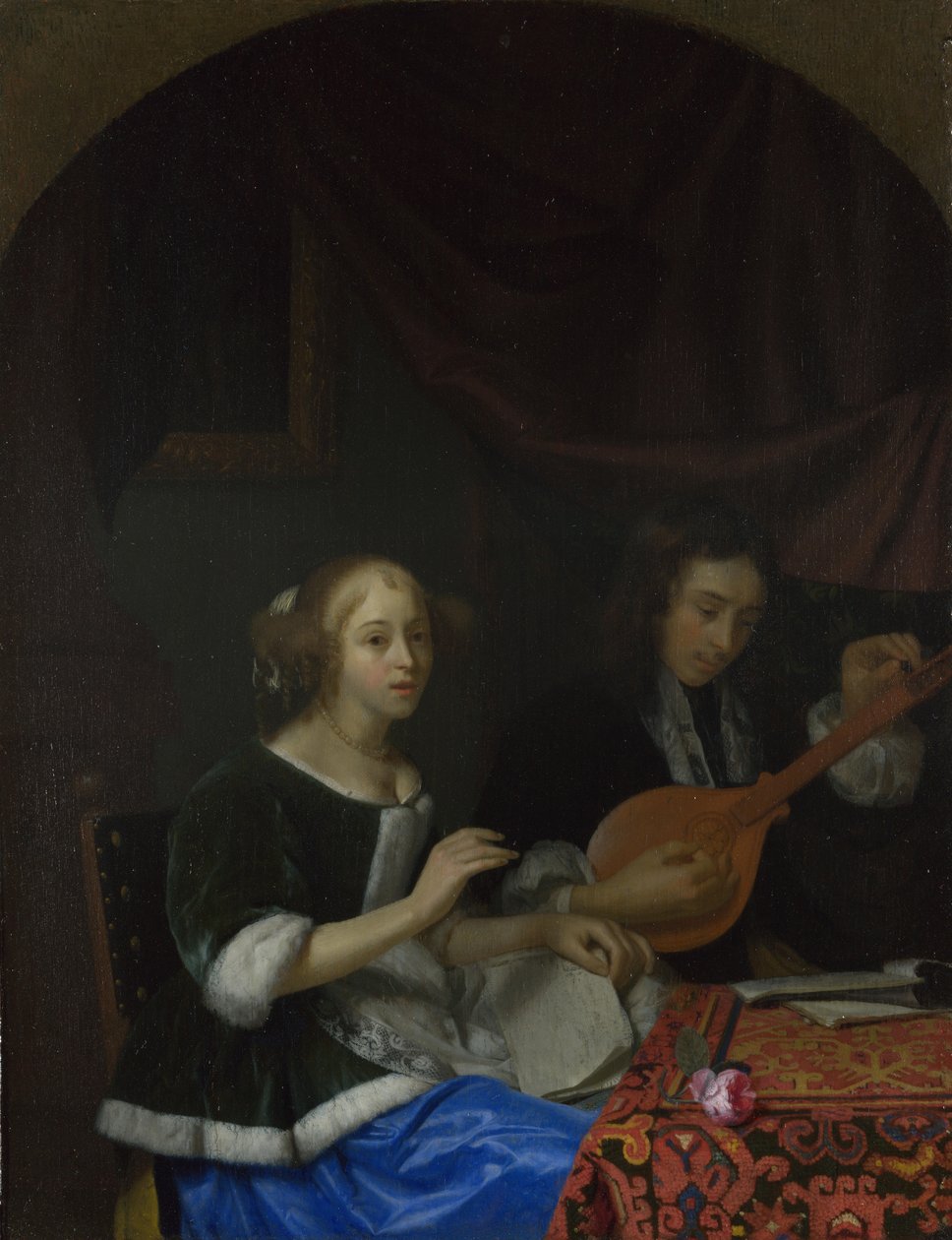 Śpiewająca kobieta i Mężczyzna z cytryną, ca. 1665-1667 autorstwa Godfried Cornelisz Schalcken