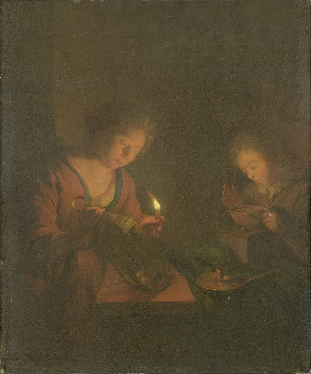 Ogień i światło (dziewczyna kładzie świecę w latarni, a chłopiec dmucha na węgle w naczyniu do pieczenia) autorstwa Godfried Schalcken (attributed to)
