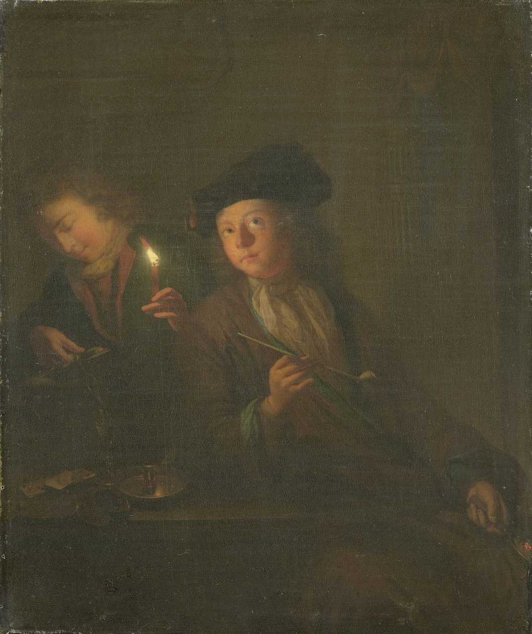 Palacz (mężczyzna z fajką i mężczyzna nalewający napój do szklanki) autorstwa Godfried Schalcken (attributed to)