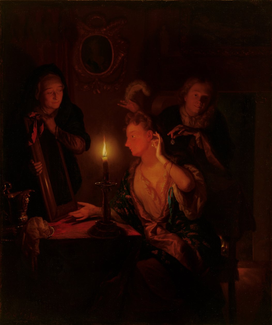 Pani w lustrze przy świecach autorstwa Godfried Schalcken