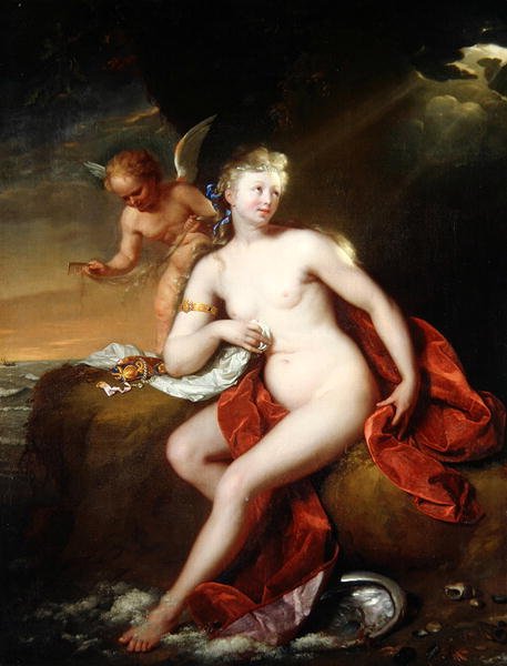 Nowo narodzona Wenus pod opieką Kupidyna (olej na płótnie) autorstwa Godfried Schalcken