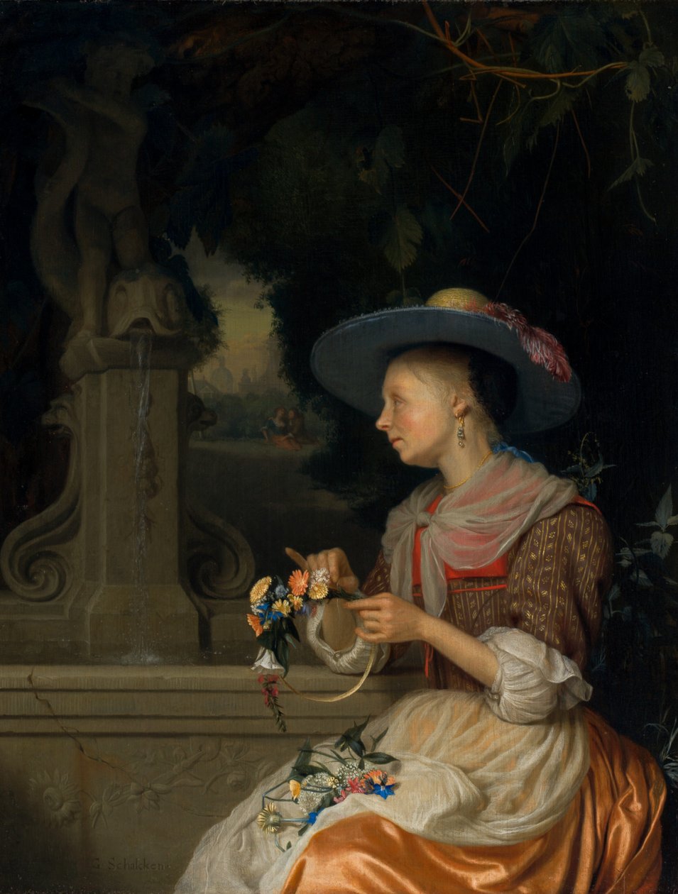 Kobieta tkająca koronę z kwiatów, ok. 1930 r. 16751680. autorstwa Godfried Schalcken