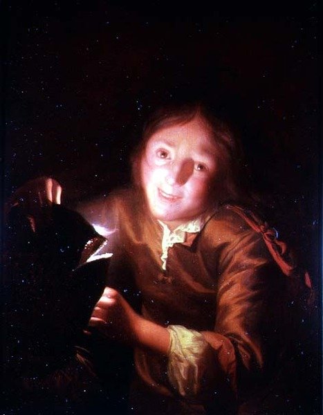 Chłopiec trzymający świeczkę za maską na Halloween autorstwa Godfried Schalcken