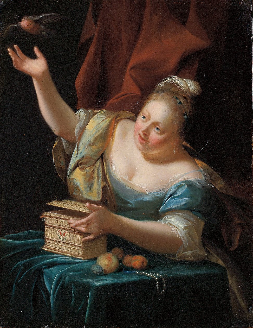 Kobieta siedząca przy stole w fantazyjnym stroju, uwalniająca ptaka śpiewającego z klatki autorstwa Godfried Schalcken