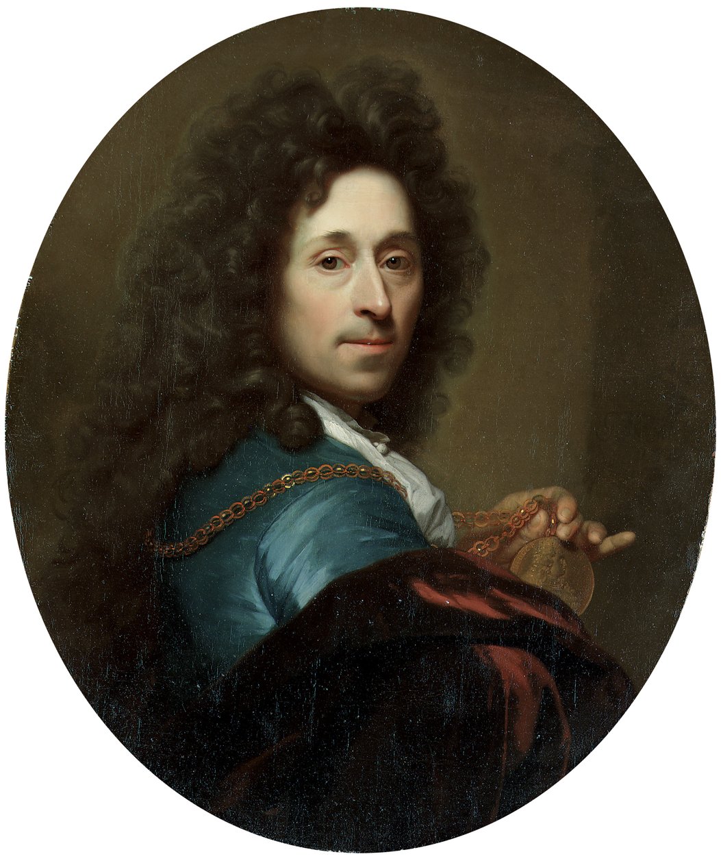 Portret artysty w niebieskim płaszczu i brązowej aksamitnej pelerynie, z medalionem elektora palatyna Johanna Wilhelma autorstwa Godfried Schalcken