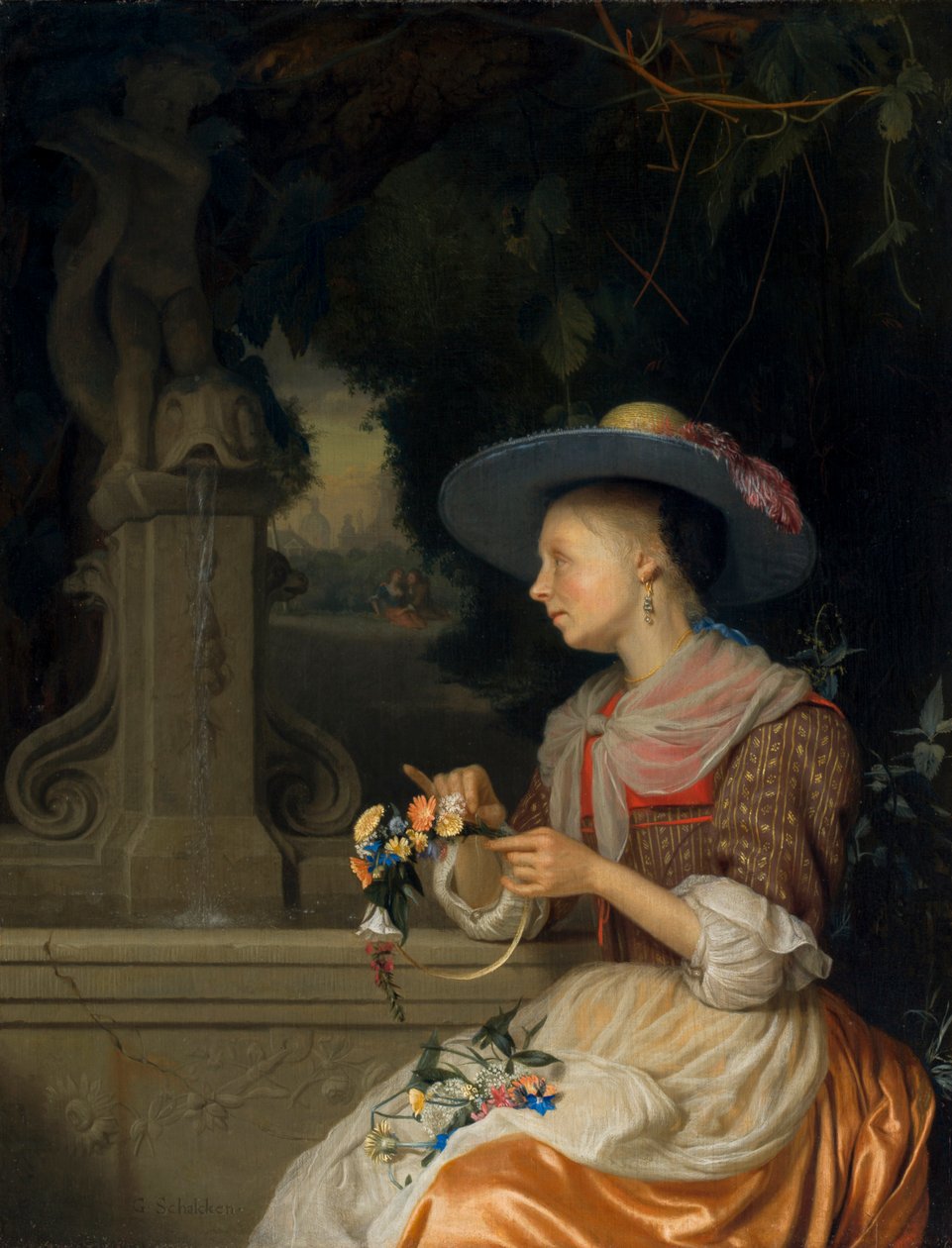 Kobieta tkająca koronę z kwiatów, ok. 1675-80 autorstwa Godfried Schalcken