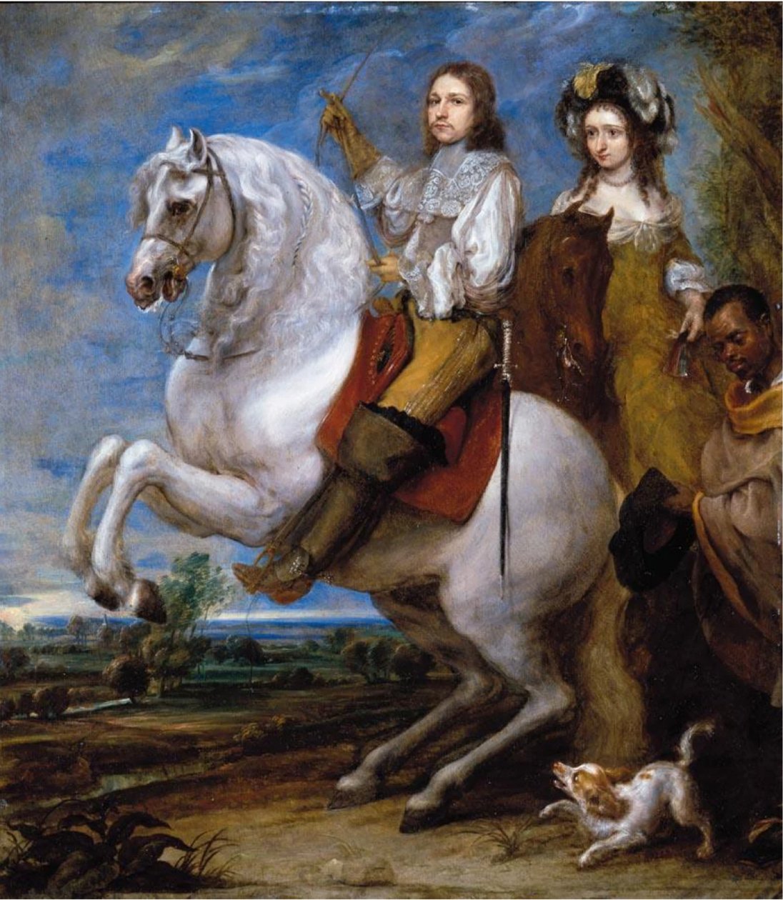 Jeździecki portret eleganckiej pary ze służącym Blackmoor autorstwa Gonzales Coques