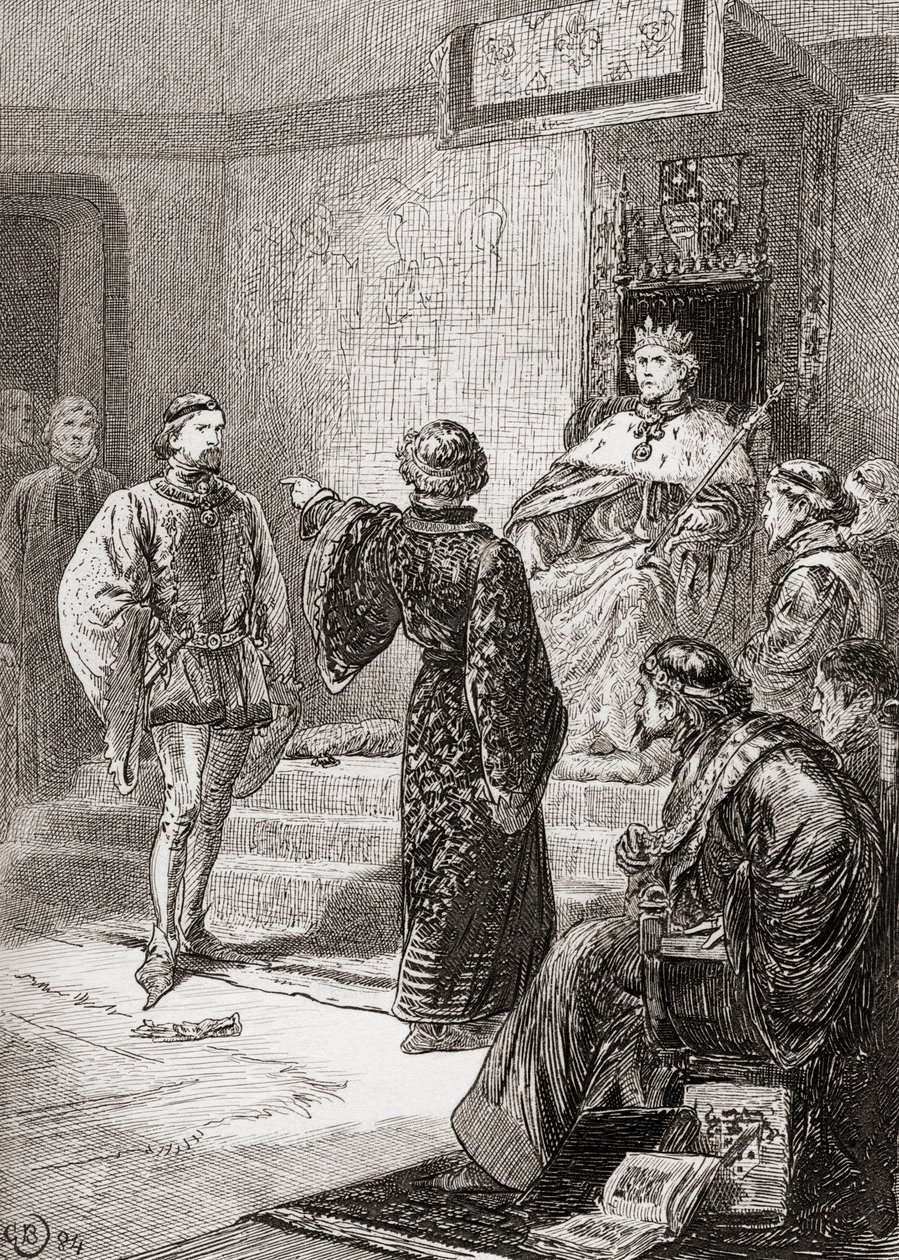 Scena z Króla Ryszarda II Williama Szekspira, Akt 1, Scena 1, Bolingbroke: Blady drżący tchórz, tam rzucam swój przyrząd, z Dzieł Williama Szekspira, opublikowanych 1896 autorstwa Gordon Frederick Browne