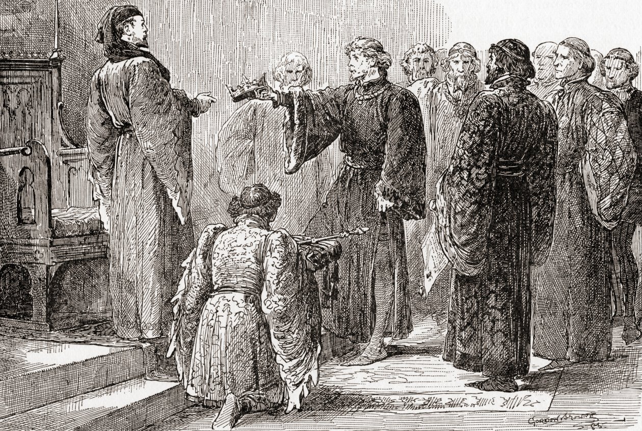 Scena z Króla Ryszarda II Williama Szekspira, Akt IV, Scena 1, Król Ryszard: Tutaj, kuzynie, chwyć koronę, z Dzieł Williama Szekspira, wydanej w 1896 r. autorstwa Gordon Frederick Browne