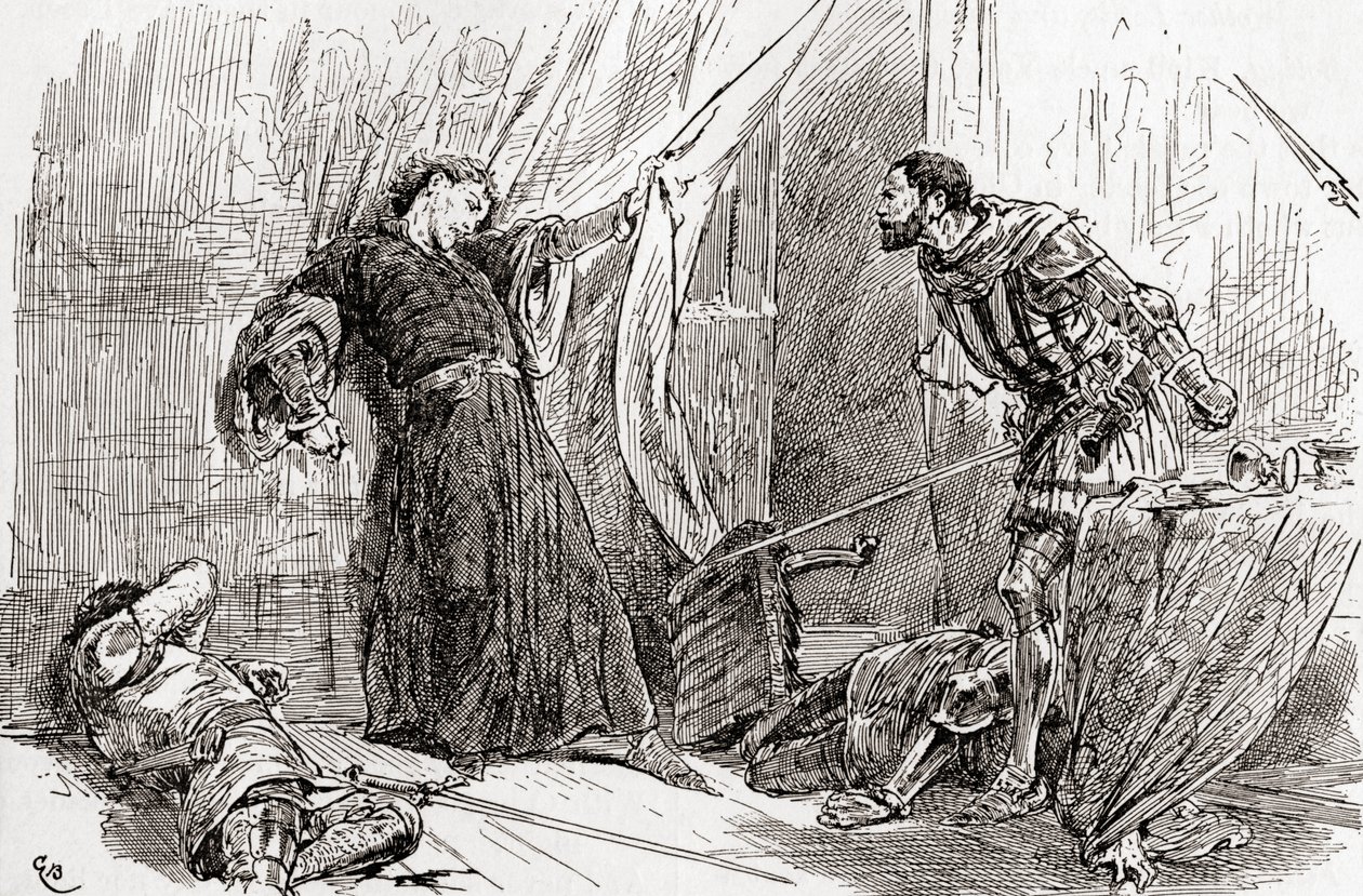 Scena z „Króla Ryszarda II” Williama Szekspira, akt V, scena 5, „Król Ryszard: Exton, twoja dzika ręka ma krwią królewską splamioną własną ziemię królów”, z Dzieła Williama Szekspira, wyd. autorstwa Gordon Frederick Browne