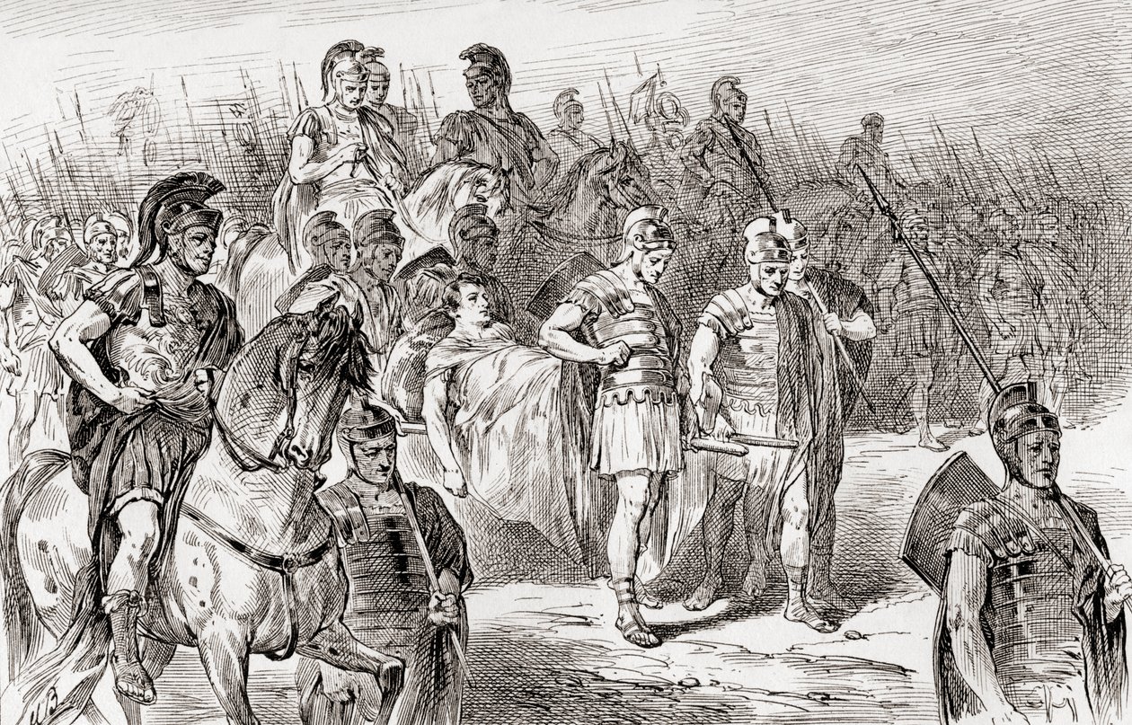 Scena z dramatu Williama Shakespearesa Antoniusz i Kleopatra, Akt III, Scena 1, Ventidius: Zanieś ciało syna królewskiego przed naszą armią, z Dzieł Williama Szekspira, opublikowanych w 1896 r. autorstwa Gordon Frederick Browne