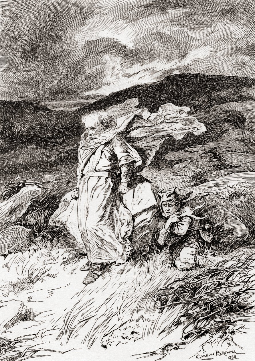 Scena z dramatu Williama Shakespearesa Król Lear, Akt III, Scena 2, Lear: Nie, będę wzorem wszelkiej cierpliwości, nie będę nic mówił, z The Works of William Shakespeare, wyd. 1896 (grawer. autorstwa Gordon Frederick Browne