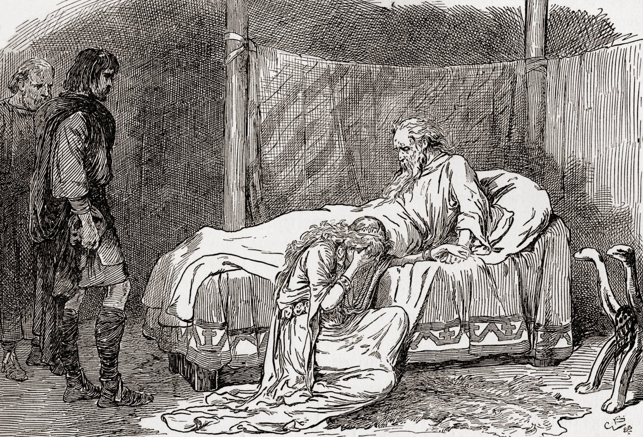 Scena z dramatu Williama Shakespearesa Król Lear, Akt IV, Scena 7, Lear: Modlę się, nie płacz. Jeśli masz dla mnie truciznę, wypiję ją. Wiem, że mnie nie kochasz, bo twoje siostry mają, jak sobie przypominam... autorstwa Gordon Frederick Browne