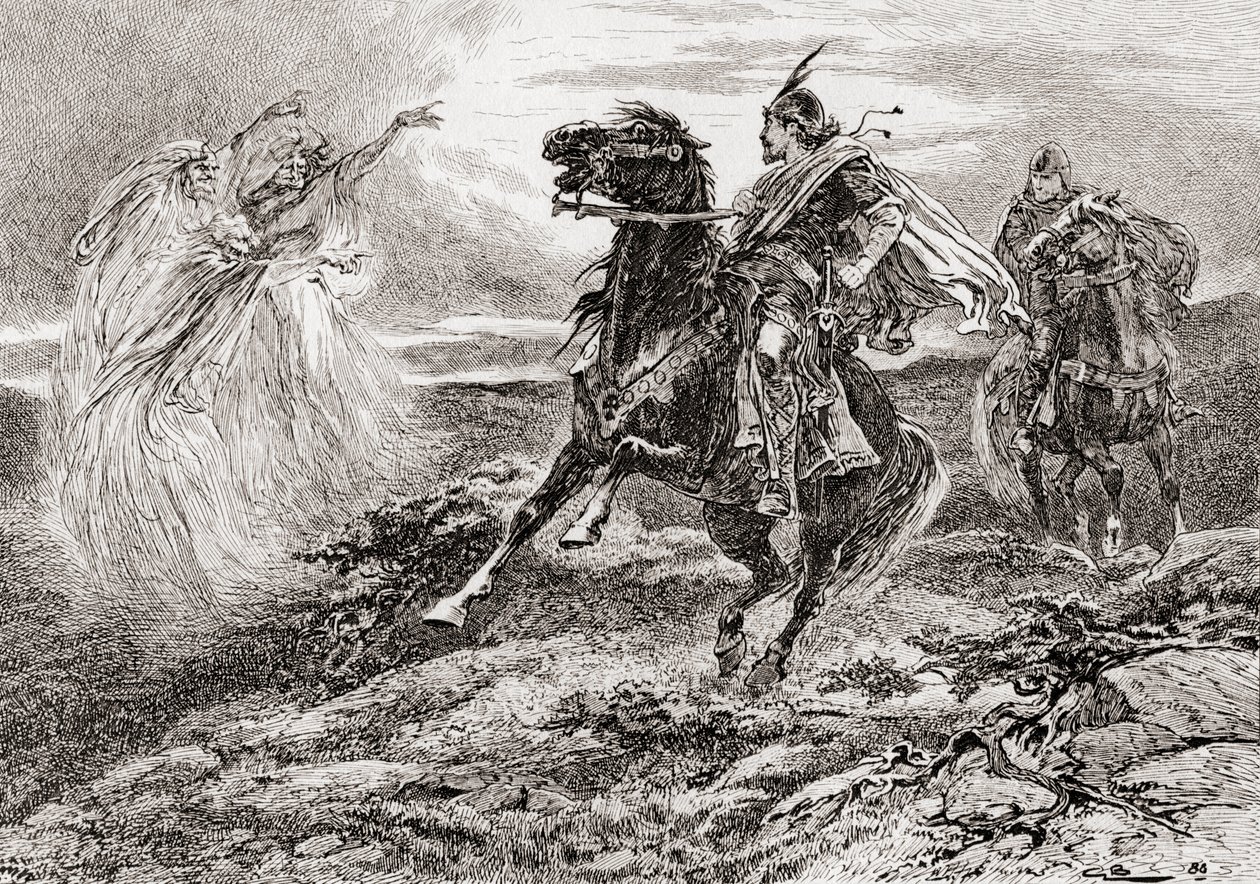 Scena ze sztuki Williama Szekspira Makbet, Akt I, Scena 3, Pierwsza Wiedźma: Niech żyje Makbet! cześć, thanie z Glamis, z Dzieł Williama Szekspira, wydanej w 1896 r. autorstwa Gordon Frederick Browne