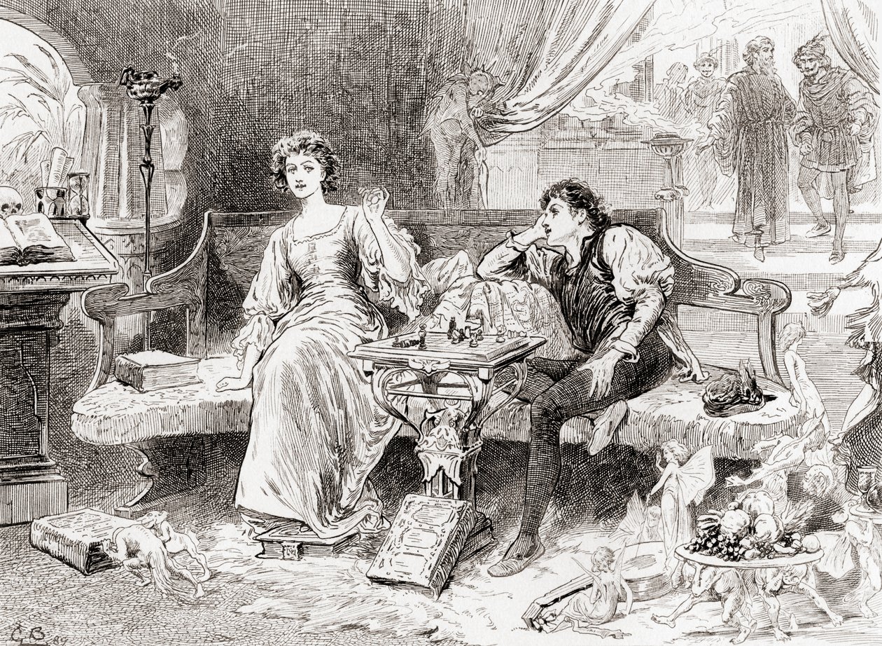 Scena ze sztuki Williama Szekspira Burza, akt V, scena 1, Miranda: Słodki Panie, grasz mi fałszywie, z Dzieł Williama Szekspira, wydanej w 1896 r. autorstwa Gordon Frederick Browne