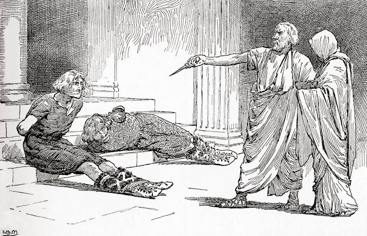 Scena z dramatu Williama Shakespearesa Tytus Andronikus, Akt V, Scena 2, Tytus: Come, come, Lavinia, look, thy foes are bound, from The Works of William Shakespeare, published 1896 autorstwa Gordon Frederick Browne