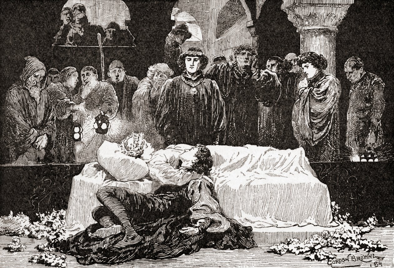 Książę: Nigdy bowiem nie było historii bardziej nieszczęścia niż ta o Julii i jej Romeo, Scena z sztuki Williama Szekspira „Romeo i Julia”, Akt V, Scena 3, z Dzieł Williama Szekspira, opublikowana 1 autorstwa Gordon Frederick Browne
