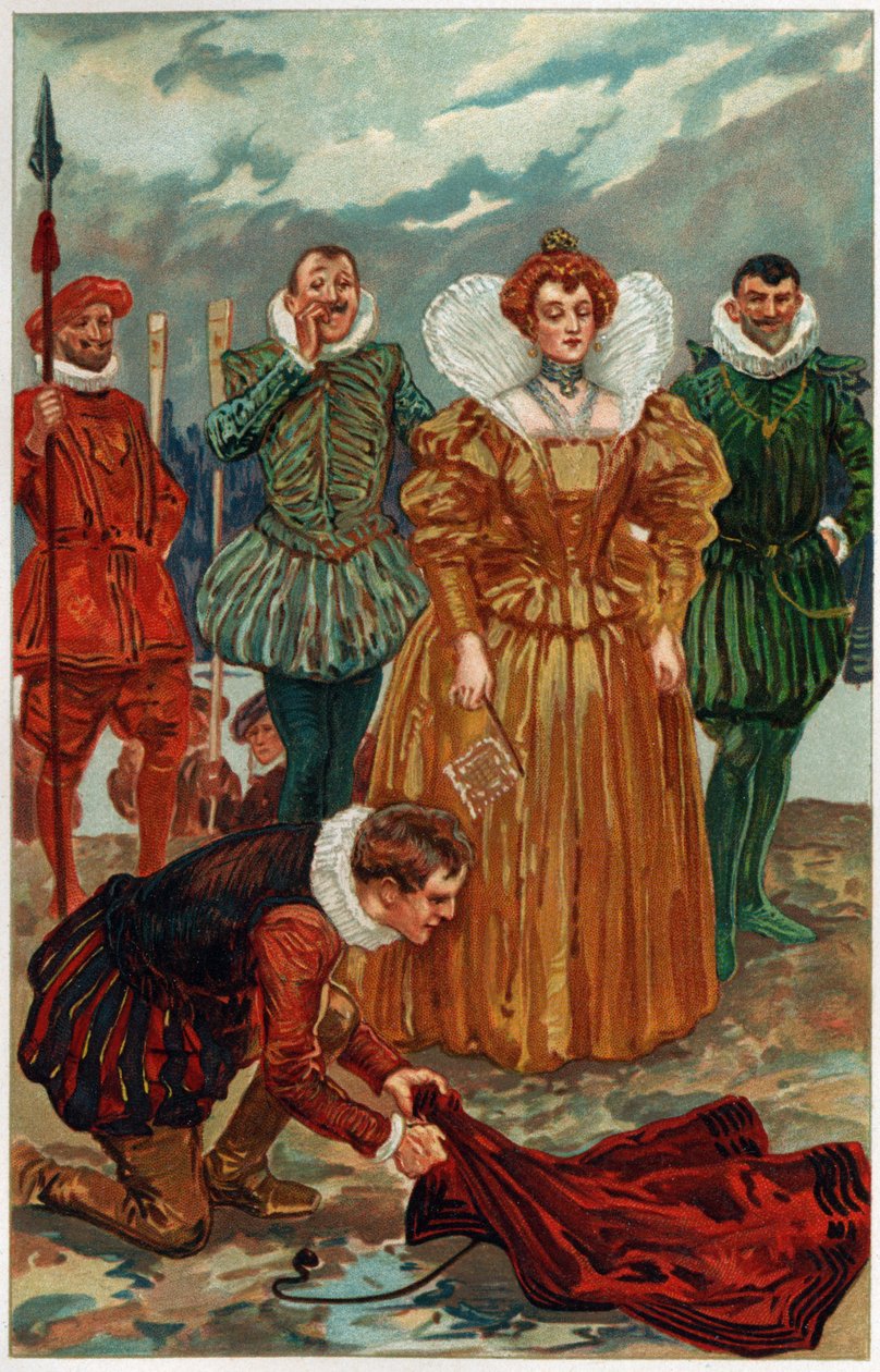 „Raleigh zdjął bogaty płaszcz z ramion i położył go na wilgotnej ziemi”, ilustracja z „Heroes und Heroines of English History” autorstwa Alice S. Hoffman autorstwa Gordon Frederick Browne