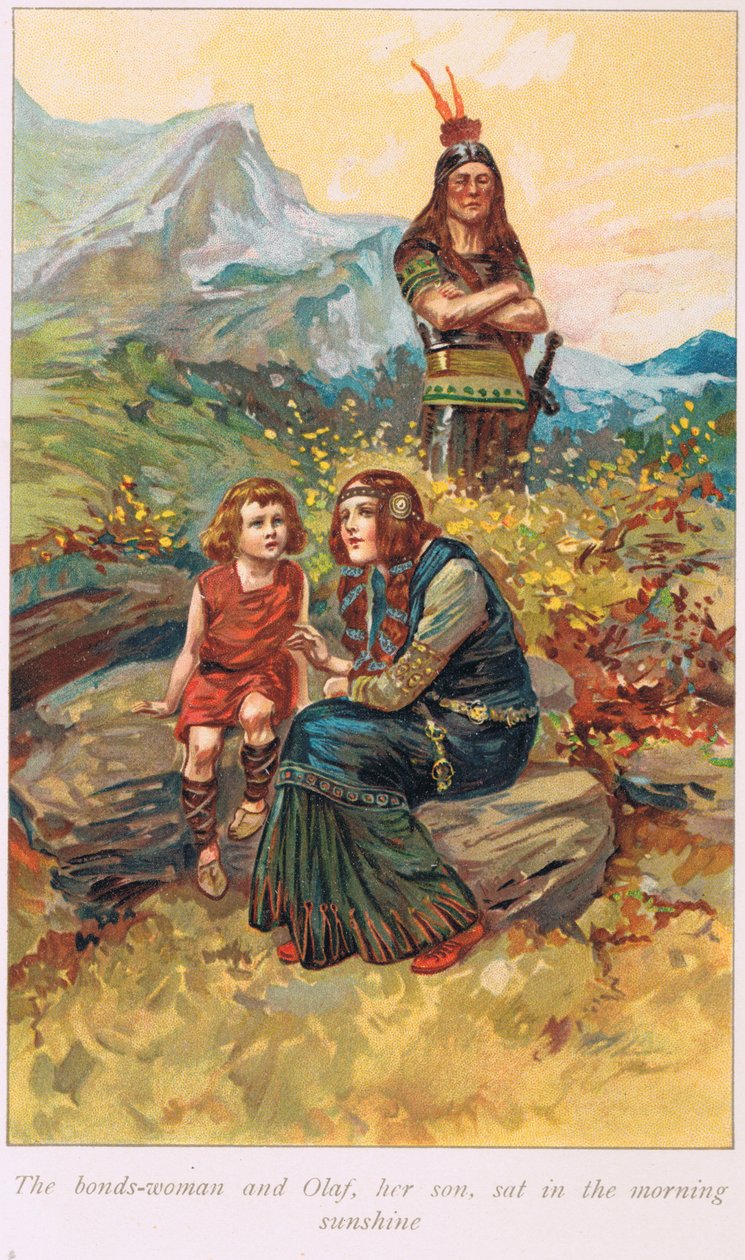 Kobieta Bonda i jej syn Olaf siedzieli w porannym słońcu, ilustracja z „Księgi sag” Alice S. Hoffman, wydanej w 1926 r. autorstwa Gordon Frederick Browne