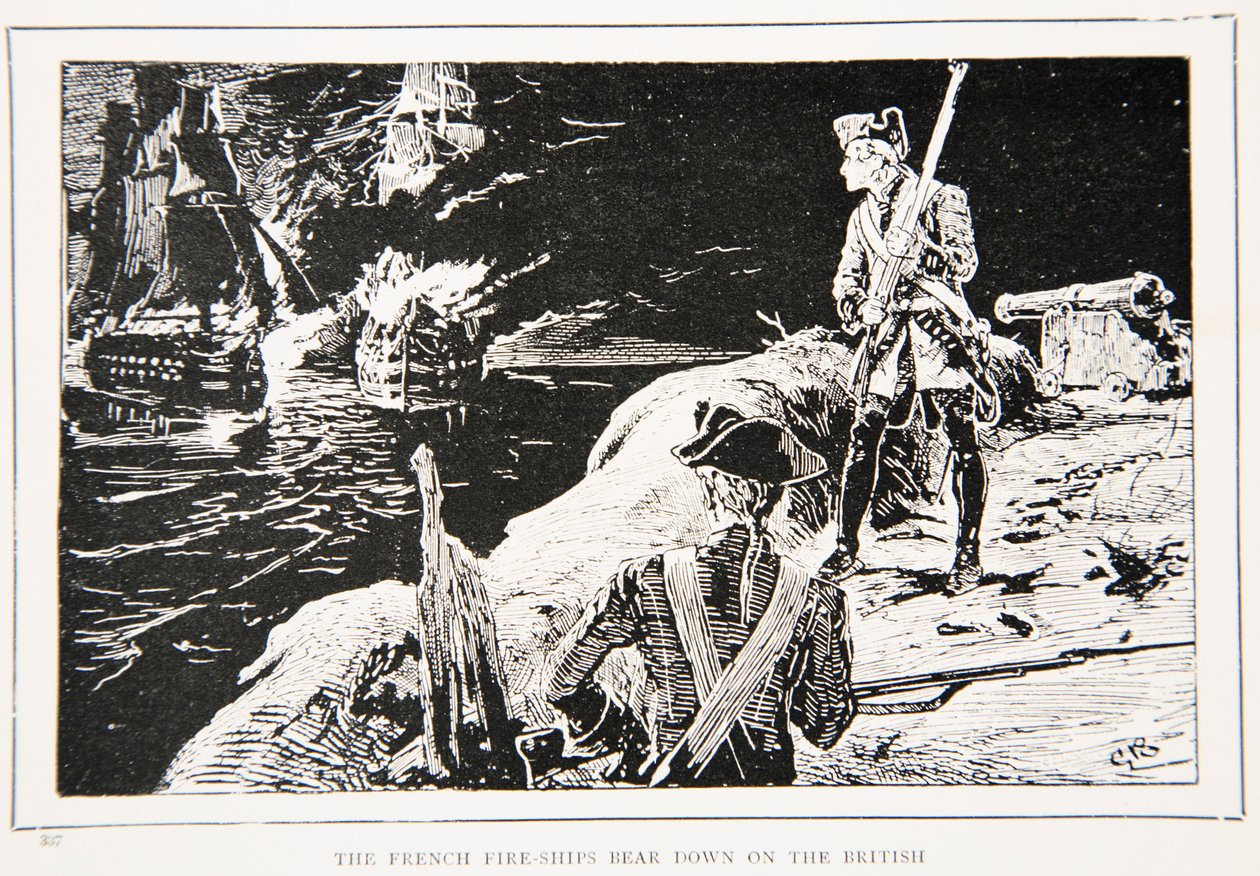 Francuskie statki strażackie uderzają w Brytyjczyków, ilustracja z „With Wolfe in Canada, czyli zwycięstwo na kontynencie” autorstwa G.A. Henty, wyd. Blackie and Son Ltd, 1887 autorstwa Gordon Frederick Browne