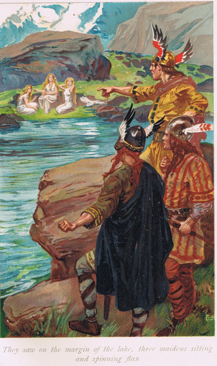 Widzieli na brzegu jeziora trzy dziewczęta siedzące i przędzące len, ilustrację z „Księgi sag” Alice S. Hoffman, wydanej w 1926 r. autorstwa Gordon Frederick Browne