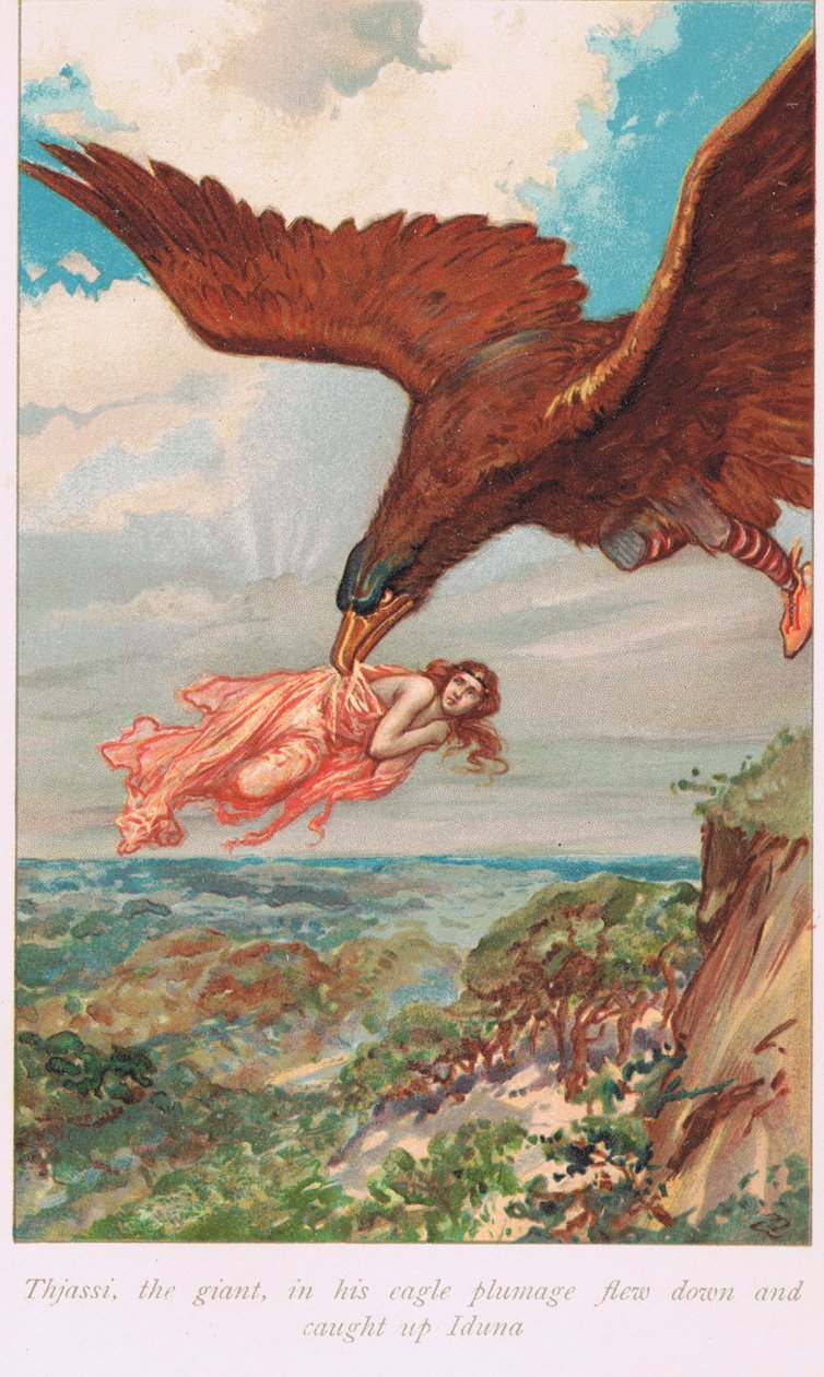 Thjassi, olbrzym w orlim upierzeniu, sfrunął i dogonił Idunę, ilustracja z „Księgi sag” Alice S. Hoffman, wydanej w 1926 r. autorstwa Gordon Frederick Browne