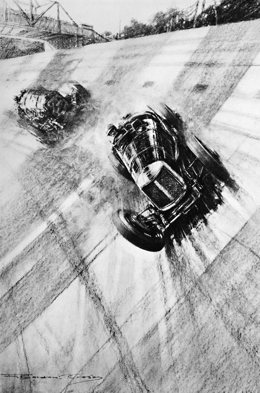 Whitney Straight Maserati na zakręcie Members Bridge, Brooklands, 1933, 1937 autorstwa Gordon Crosby