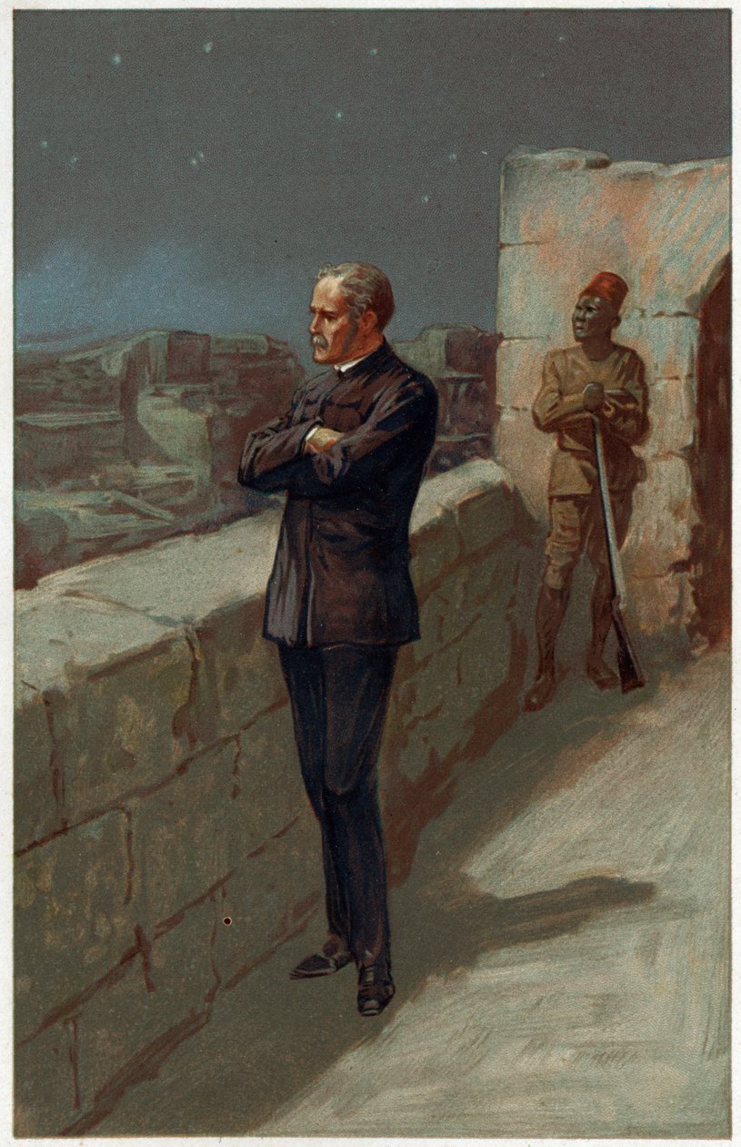„Dzień i noc Gordon czekał na pomoc, która nigdy nie nadeszła”, ilustracja z „Heroes & Heroines of English History” autorstwa Alice S. Hoffman (kolor litho) autorstwa Gordon Frederick (after) Browne
