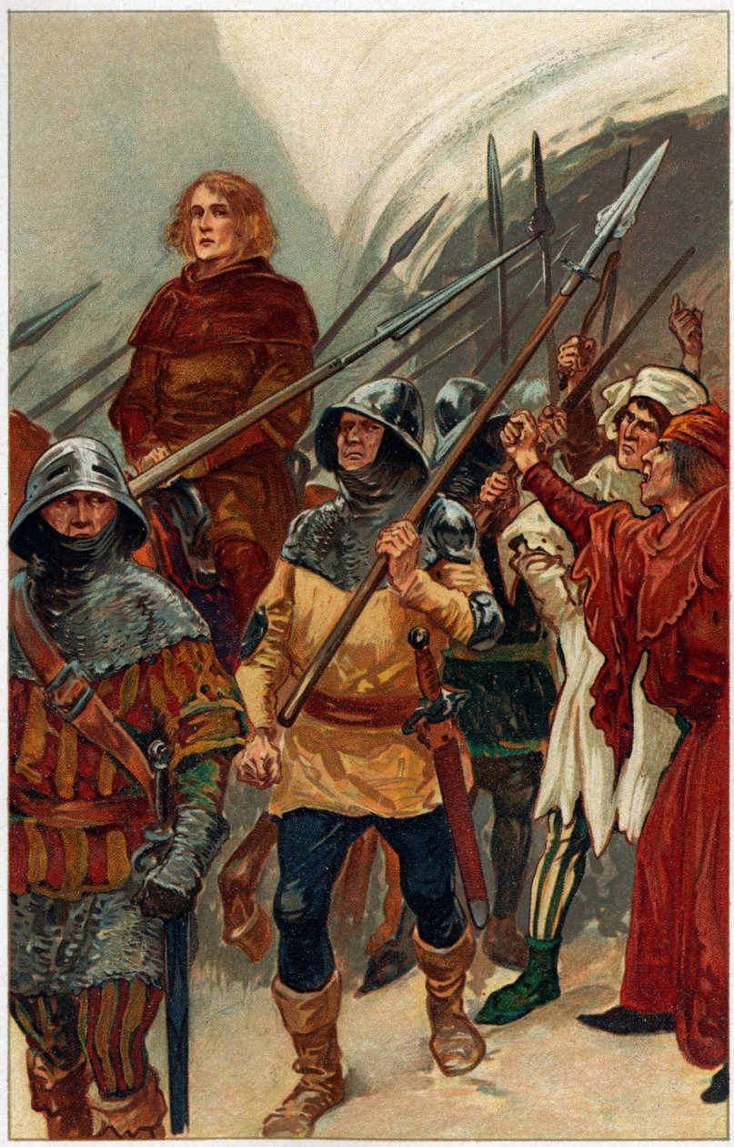 „Otoczony przez uzbrojonych mężczyzn, Wallace został zabrany do Westminster Hall, aby zostać osądzony jako zdrajca”, ilustracja z „Heroes & Heroines of English History” autorstwa Alice S. Hoffman (kolor litho) autorstwa Gordon Frederick (after) Browne