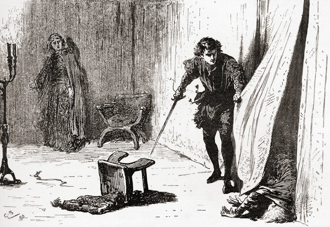 Scena z Williama Szekspira grającego Hamleta, Akt III, Scena 4, Hamlet: Nieszczęsny, pochopny, natrętny głupcze, żegnaj! Wziąłem cię na lepsze, z Dzieł Williama Szekspira, opublikowanych 189 autorstwa Gordon Frederick Browne