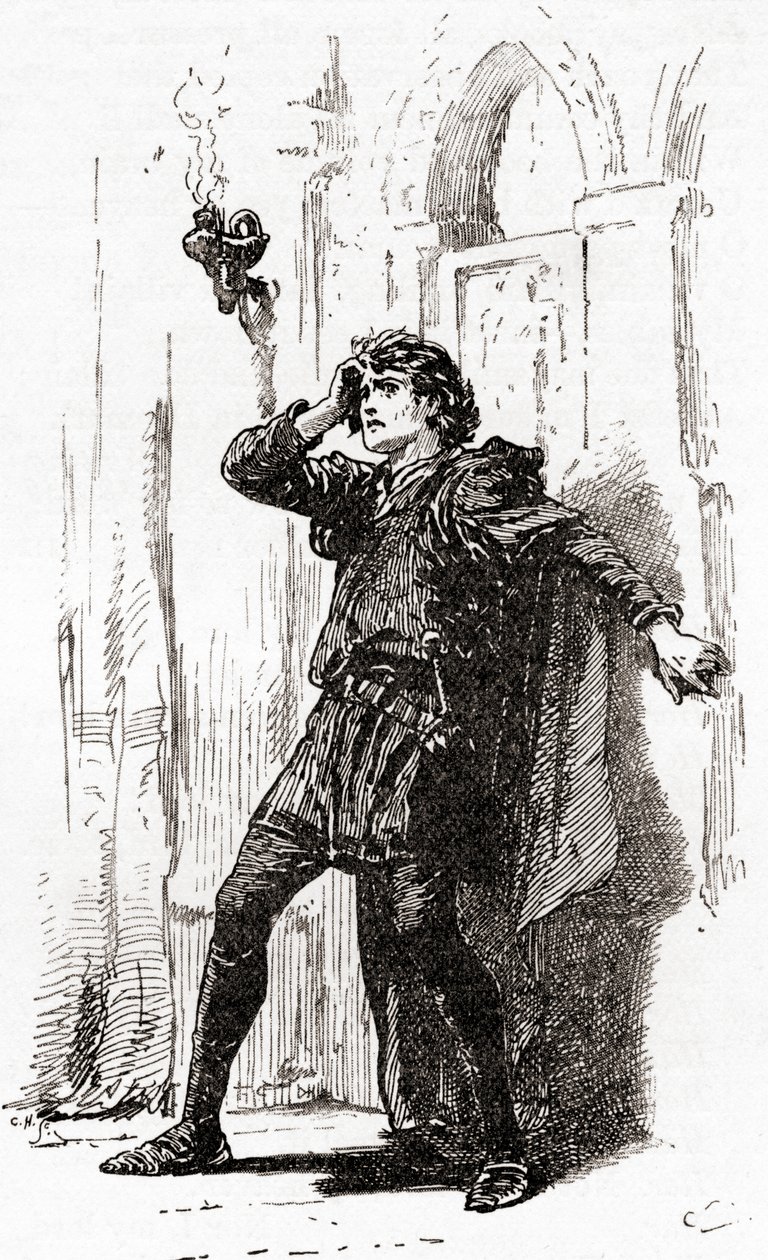 Scena z dramatu Williama Shakespearesa Hamlet, Akt I, Scena 5, Hamlet: Pamiętaj o sobie! Ay, thou poor ghost, while memory holds a seat in this distracted globe, z The Works of William Shakespeare, pu autorstwa Gordon Frederick Browne