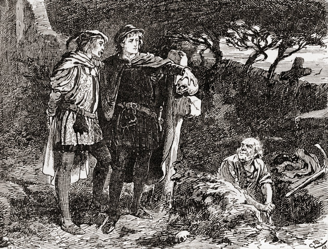 Scena z Williama Szekspira gra Hamleta, akt V, scena 1, Hamlet: Znam go, Horatio, człowiek nieskończonego żartu, najdoskonalszej wyobraźni, z Dzieł Williama Szekspira, wydanych w 1896 r. (e autorstwa Gordon Frederick Browne