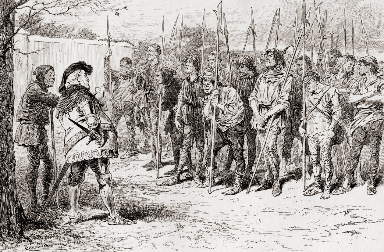 Scena ze sztuki Williama Szekspira Król Henryk IV, część 1, akt IV, scena 2, obdarty pułk Falstaffa, z Dzieł Williama Szekspira, opublikowana w 1896 r. autorstwa Gordon Frederick Browne
