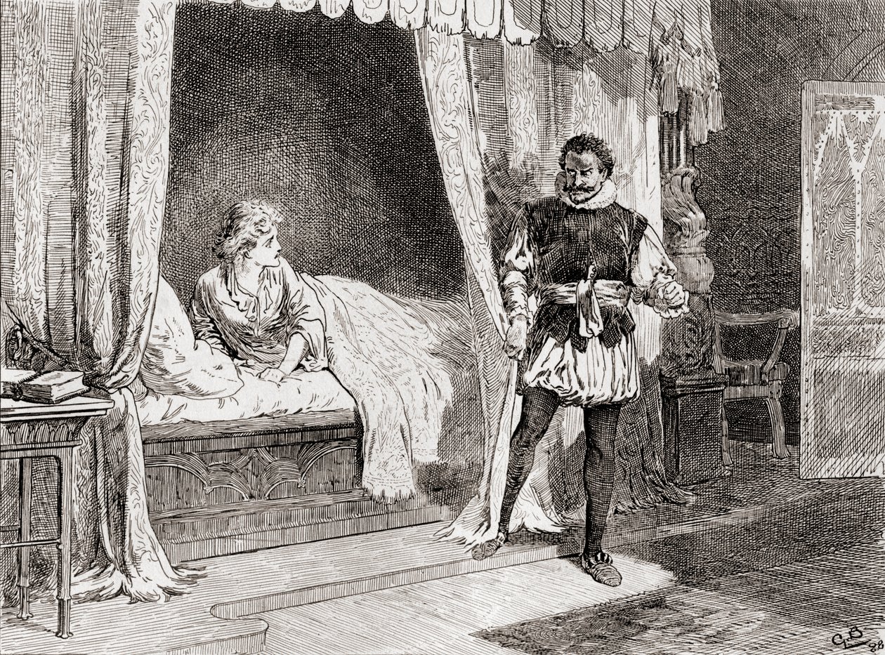 Scena z dramatu Williama Shakespearesa Otello, Akt V, Scena 2, Desdemona: Mówisz o zabijaniu? Otello: Ay I do, z The Works of William Shakespeare, wyd. 1896 autorstwa Gordon Frederick Browne