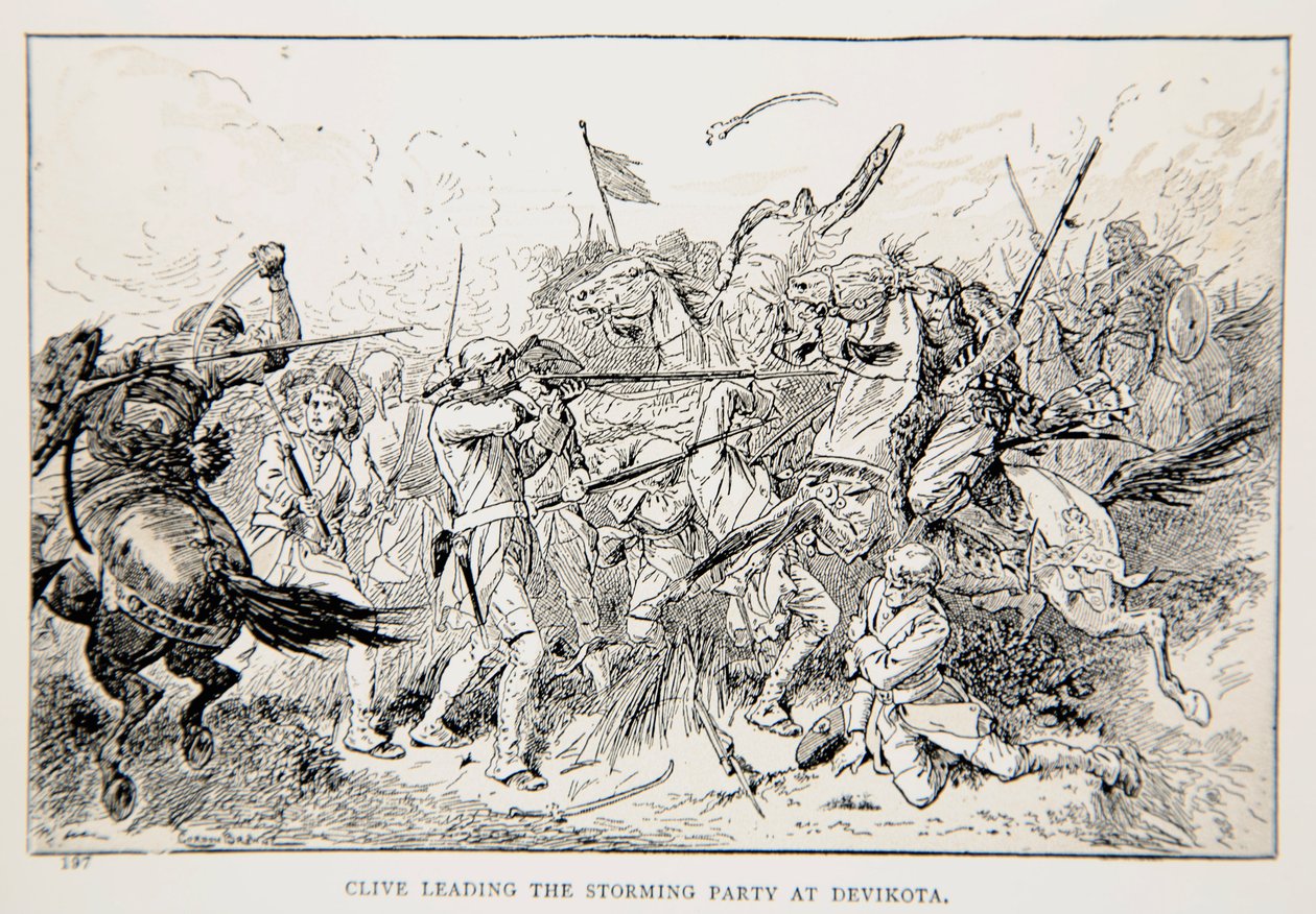 Clive prowadzący imprezę szturmową w Devikota, ilustracja z „With Clive in India, czyli początki imperium” autorstwa G.A. Henty, wyd. Londyn, 1884 autorstwa Gordon Frederick Browne