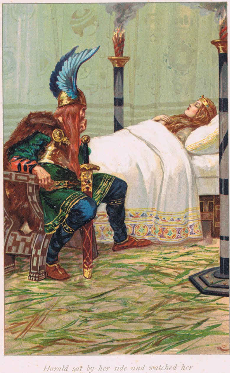 Harald siedział obok niej i obserwował ją, ilustracja z „Księgi sag” Alice S. Hoffman, wydanej w 1926 r. autorstwa Gordon Frederick Browne
