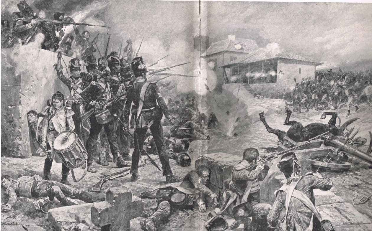 Jak 57. pułk zdobył przydomek „The Die Hards” w bitwie pod Albuera, 16 maja 1811, ilustracja z „British Battles on Land and Sea”, wydanej przez Cassell, Londyn, ok. 1910 autorstwa Gordon Frederick Browne
