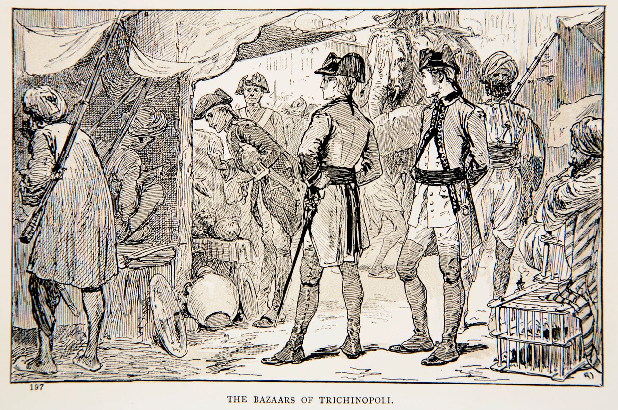 Bazary w Trichinopoli, ilustracja z "With Clive in India, or the Beginnings of an Empire" G.A. Henty, pub. London, 1884 autorstwa Gordon Frederick Browne