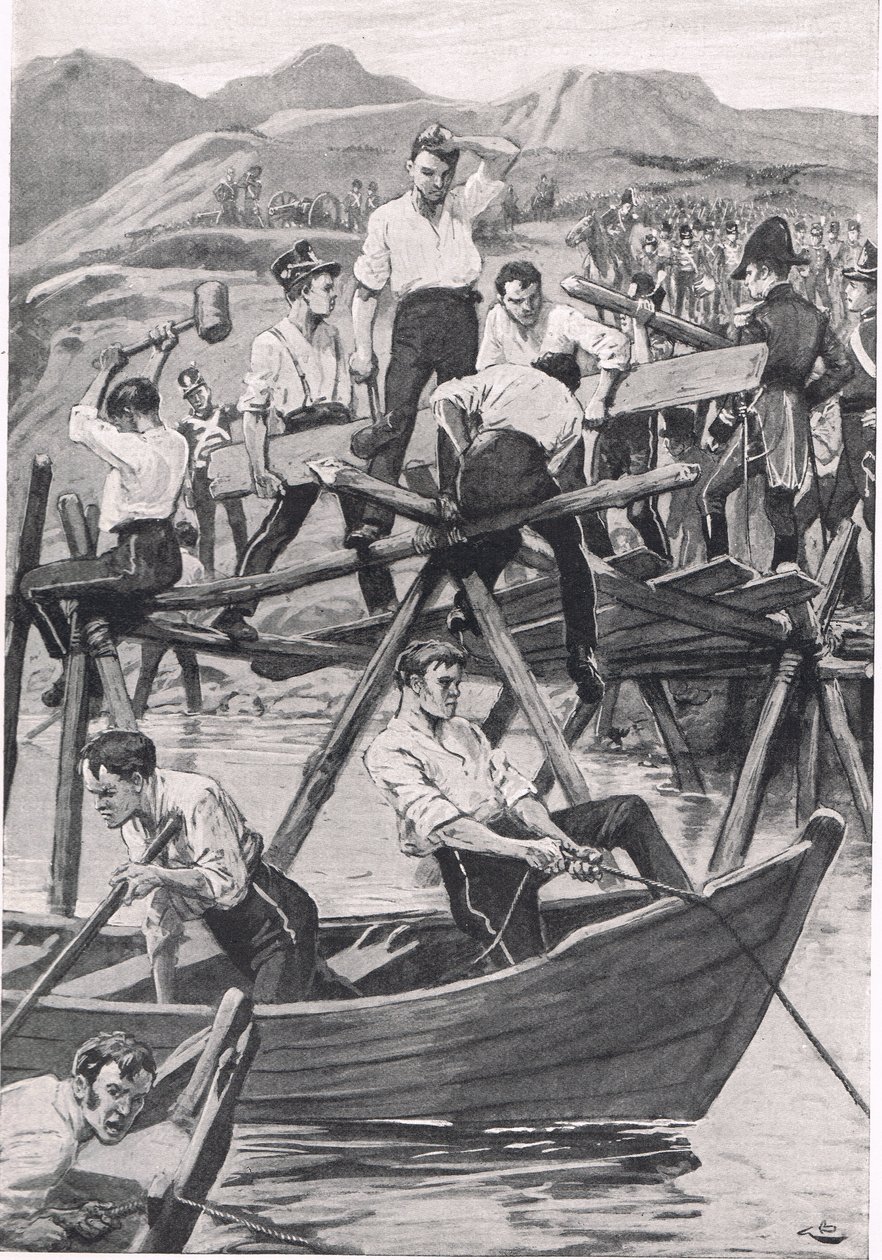 The Construction of the Bridge over the Guadiana, 3 kwietnia 1811, ilustracja z „British Battles on Land and Sea”, wydanej przez Cassell, Londyn, ok. 1910 autorstwa Gordon Frederick Browne