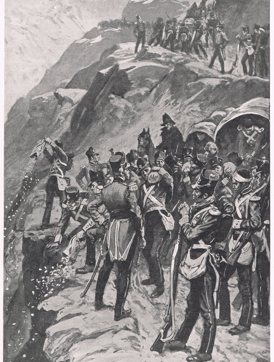 The Retreat to Corunna: Hurling the Silver down the Mountainside, ilustracja z „British Battles on Land and Sea”, wydanej przez Cassell, Londyn, ok. 1910 autorstwa Gordon Frederick Browne
