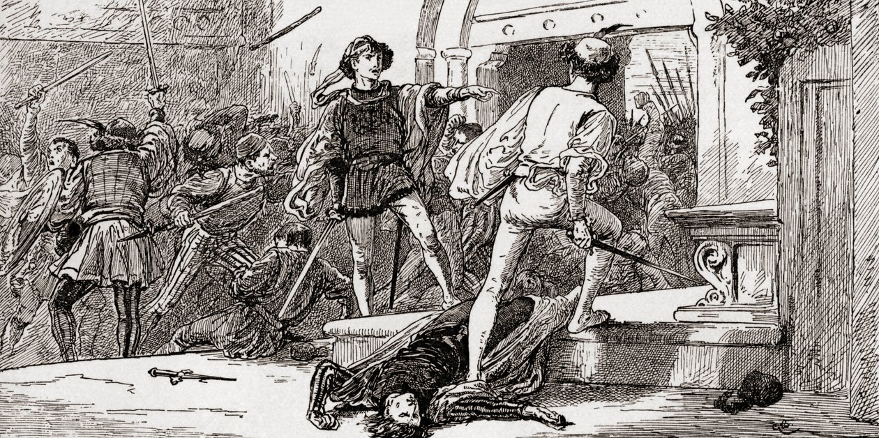Tybalt zabity przez Romea, scena z Romea i Julii Williama Szekspira, Akt III, Scena 1, z Dzieł Williama Szekspira, opublikowana 1896 autorstwa Gordon Frederick Browne