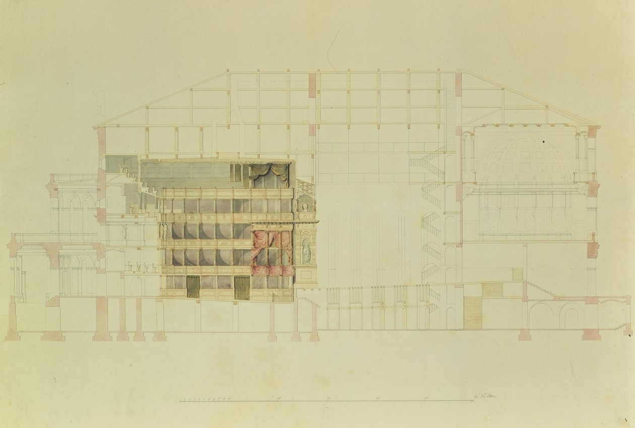 Plan Teatru Królewskiego w Dreźnie, ok. 1838 (pióro i atrament oraz toaleta na papierze) autorstwa Gottfried Semper