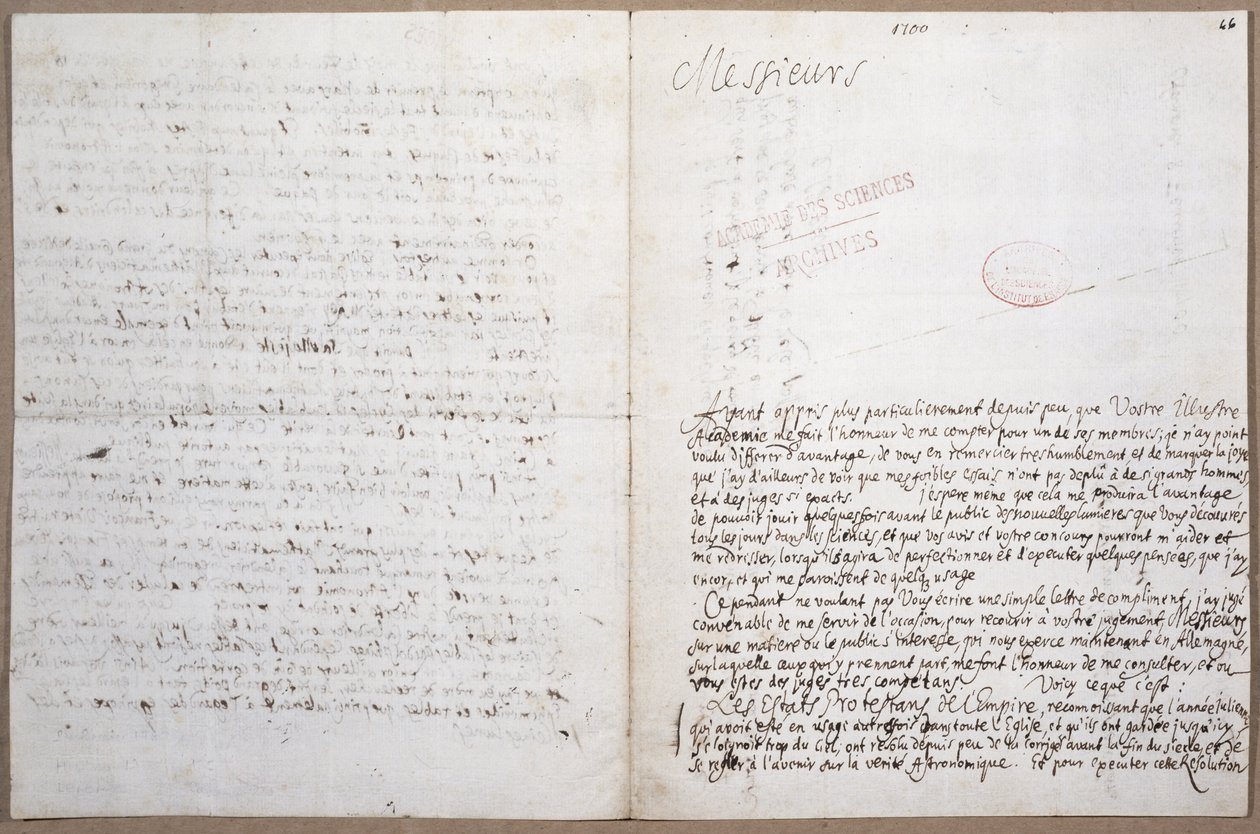 Pierwsza strona listu Leibniza w sprawie jego przyjęcia do Academie des Sciences w Paryżu, 8 lutego 1700 r. autorstwa Gottfried Wilhelm Leibniz