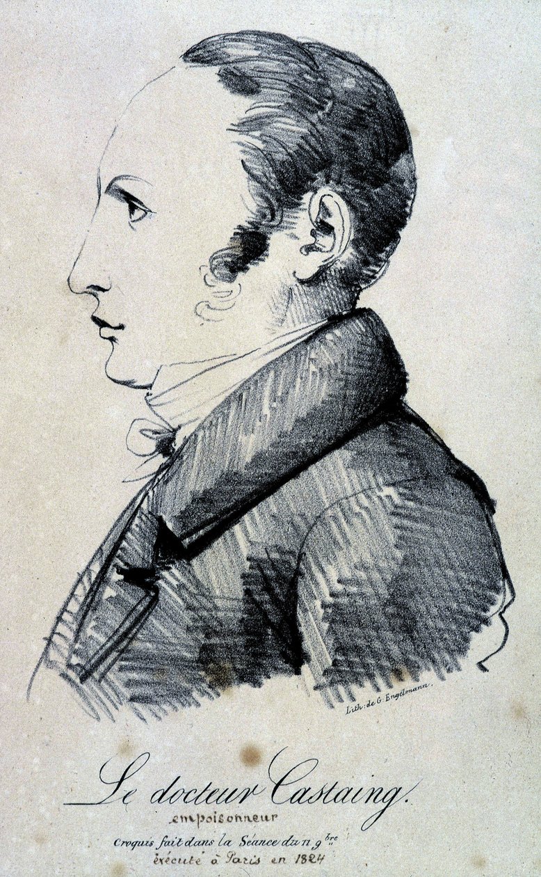 Portret dr Castainga, truciciela. Użył soli morfiny, chlorowodorku, aby zabić swojego przyjaciela Balet Hippolyte w 1823 roku. Został stracony w Paryżu w 1824 roku. Litografia Engelmanna ze szkicu wykonanego podczas sesji 11 listopada. autorstwa Gottfried or Godefroy Engelmann